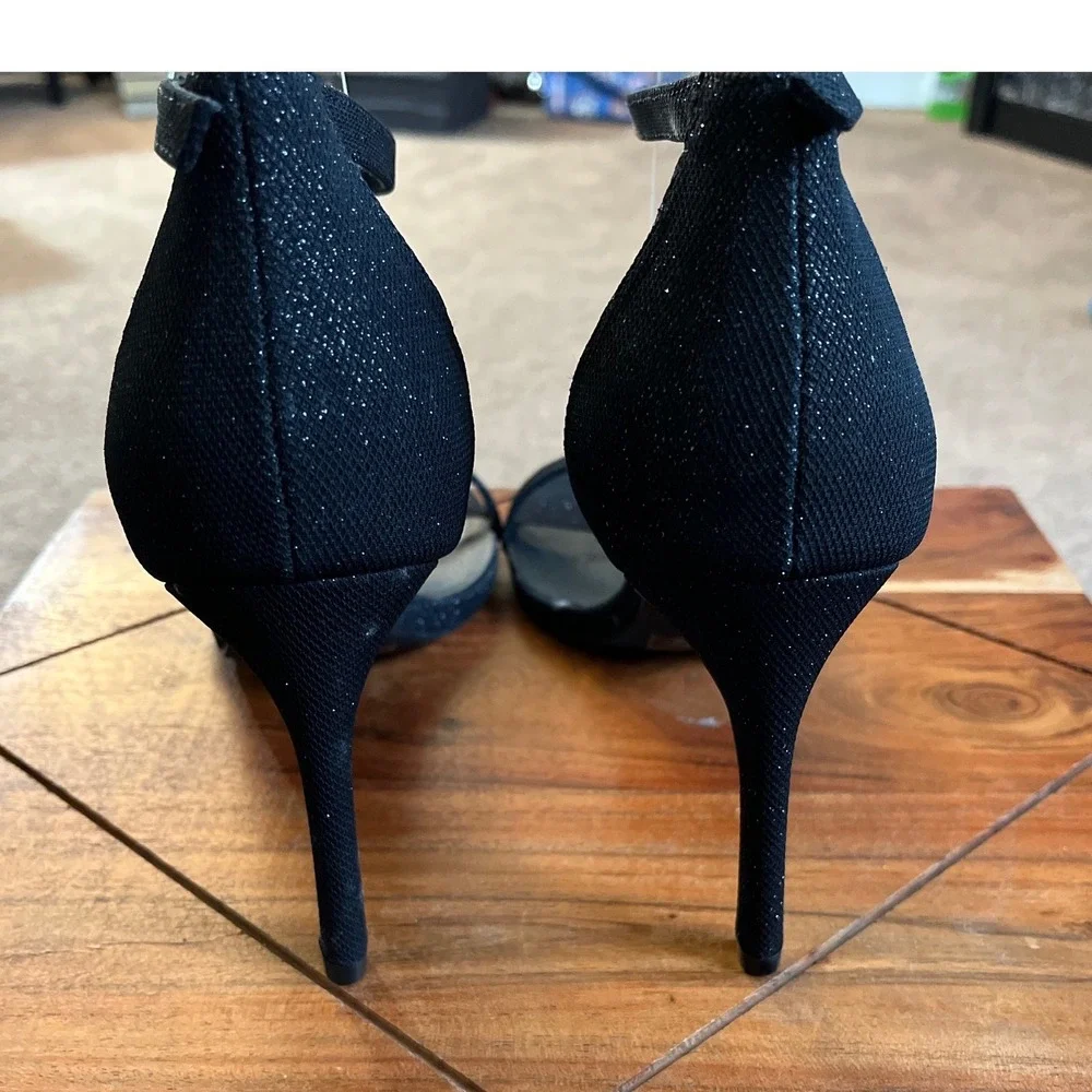 Halston Maui Black Glitter Stiletto Ankle Strap Sandals Heels US 10 EU 41
